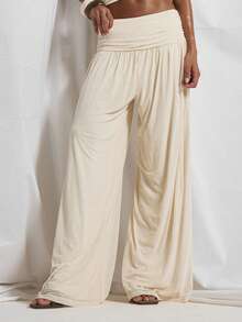 MUSERA Ruched Gathered Waist Flowy Chiffon Wide Leg Trouser Coord Trouser Only Cute Holiday Sexy Night Out Vacation Spring Summer Elegant Soleil Drape - Cream - View 2