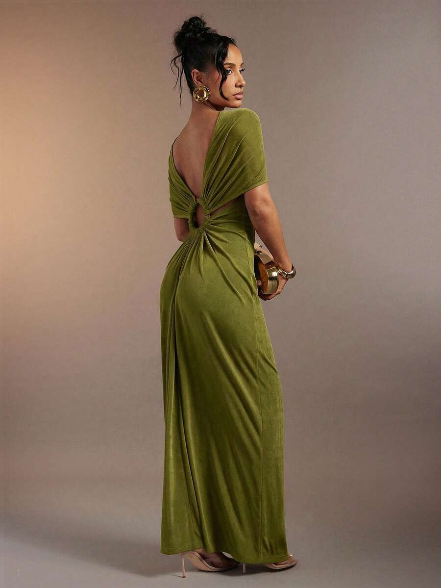 Hauture Women's Sexy High Neck Ruched Maxi Dress With Stylish Ring Decor - Olive Green - View 1
