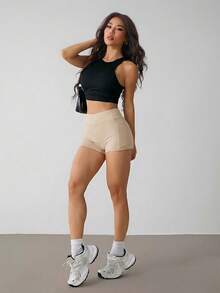 SHEIN PETITE 女款純色極簡高腰口袋內搭褲，休閒日常穿著，適合嬌小女性 - 駝色 - 查看 3