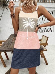 EMERY ROSE Color-Block Coconut Tree Printed Dress With Circular Decoration, Vacation Vacation Beach Outfits Women - Multicolor - View 3