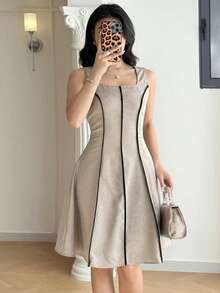 Modelyn Đầm hai dây cổ vuông phong cách thường ngày dành cho nữ - Màu Khaki - Xem 7