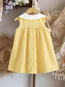 Elladie kids 女童刺绣彼得潘领可爱格子休闲连衣裙 - 黃色 - 查看 2