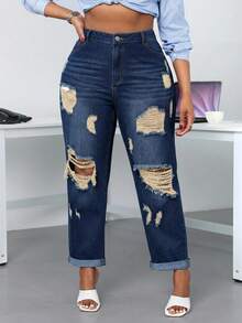 SHEIN SXY Plus Size Casual Washed Distressed Denim Jeans - Navy Blue - View 1