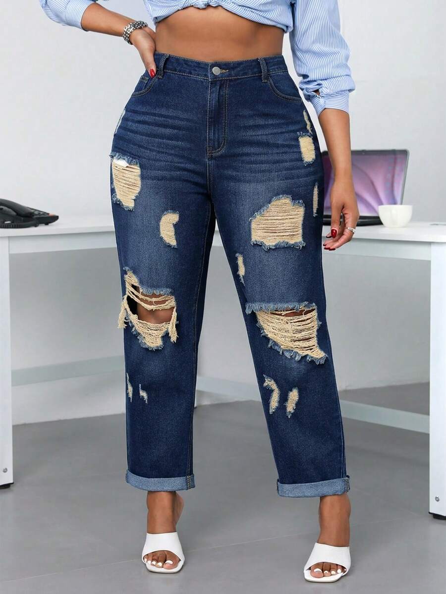 SHEIN SXY Plus Size Casual Washed Distressed Denim Jeans - Navy Blue - View 1