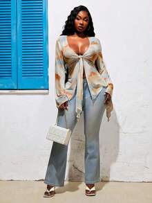 Radiana 大码女装春夏时尚休闲性感扎染印花透视网纱喇叭袖上衣 - 彩色 - 查看 5