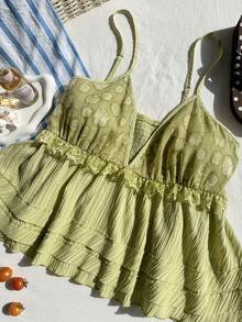 Comfortcana Áo hai dây cỡ lớn màu trơn họa tiết hoa 3D, viền bèo nhún tương phản, thích hợp mặc đi nghỉ mát. - màu xanh lá - Xem 7