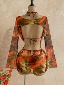 SHEIN WYWH 女士夏季沙滩拼接露背系带性感比基尼和三角泳裤泳衣套装，含罩衫 - 彩色 - 查看 2