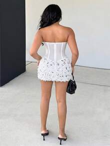 Alexandranx 女士时尚性感亮片拉链抹胸连体裤白色水钻连衣裙白色夜店派对连衣裙 - 白色 - 查看 2