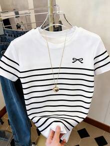 Resyla Women's Casual Striped Bow Crew Neck Short Sleeve T-Shirt, Summer - Multicolor - View 4