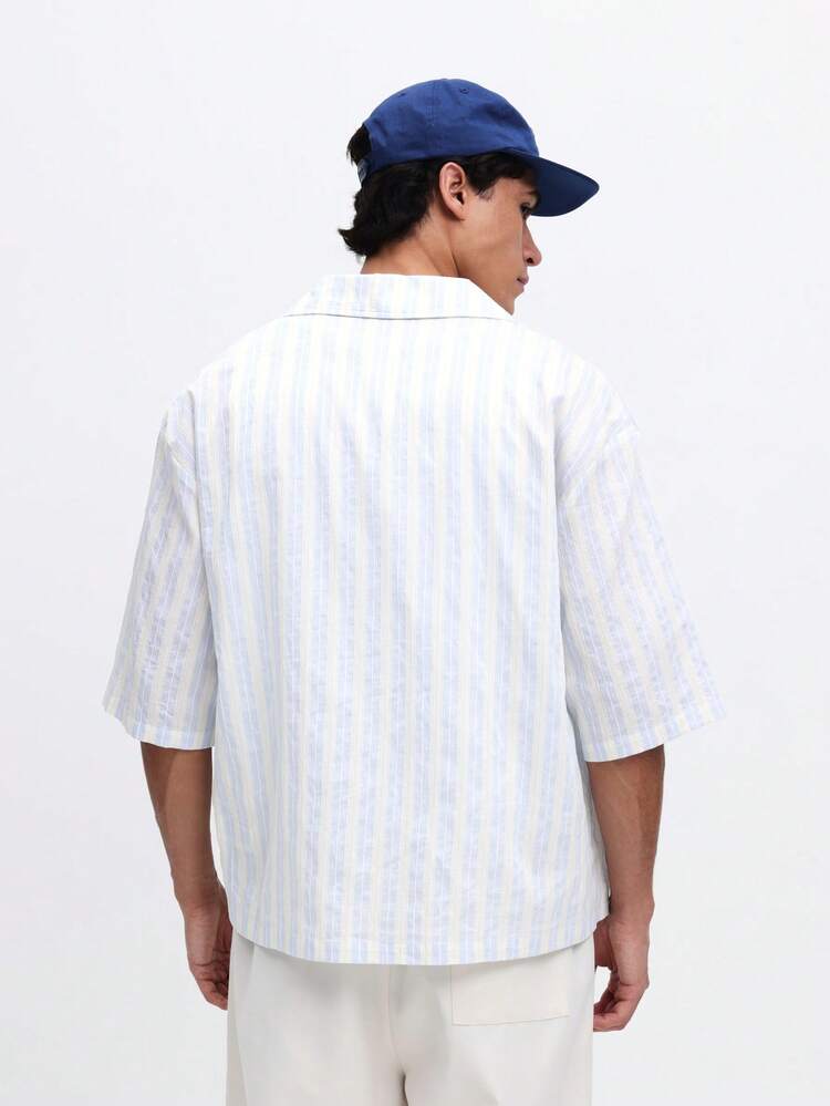 남성 캐주얼 리조트 반팔 버튼 스트라이프 셔츠 레귤러 핏 여름 해변 휴가 칼라 탑