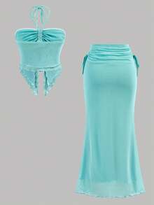 SHEIN 少女时尚休闲针织露背上衣和迷你裙套装 - 藍色 - 查看 3