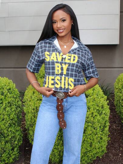 Steph T 短款开衫衬衫领落肩短袖上衣