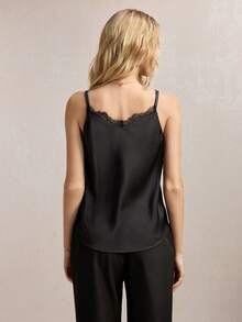 BizChic Black V-Neck Lace Patchwork Adjustable Spaghetti Strap Tank Top, Versatile For Office, Formal Occasions, Elegant Urban Commute, Casual, Romantic 90s Retro, Party, Wedding Guest, Bridesmaid, Hostess, Outing, Social, Date, Party, Concert, Graduation Ceremony, Brunch, Airport - Black - View 7