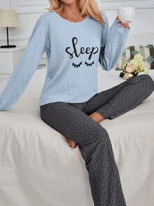 EURMUSE Bộ đồ ngủ 2 món bằng 100% cotton in hình mắt và trái tim - Màu xanh nhạt - View 4