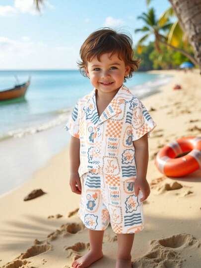 SHEIN Vintaside Kids 男婴春夏清新风格套装 - 翻领前开短袖植物印花衬衫和配套短裤，适合户外玩耍、居家舒适、休闲聚会的休闲装