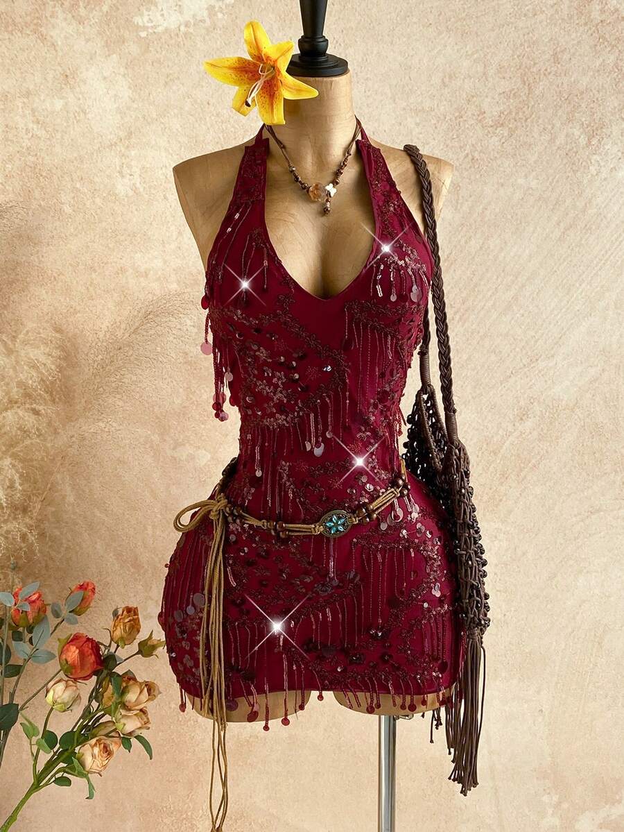 Soleia Đầm ngắn gợi cảm cổ chữ V, dây mảnh, lưng buộc nơ, đính sequin dành cho nữ, thích hợp cho Giáng sinh, hẹn hò, hộp đêm, bãi biển, du thuyền, tiệc trà chiều, phong cách bohemian, boho, kỳ nghỉ. - Màu Đỏ Sâu - Xem 1