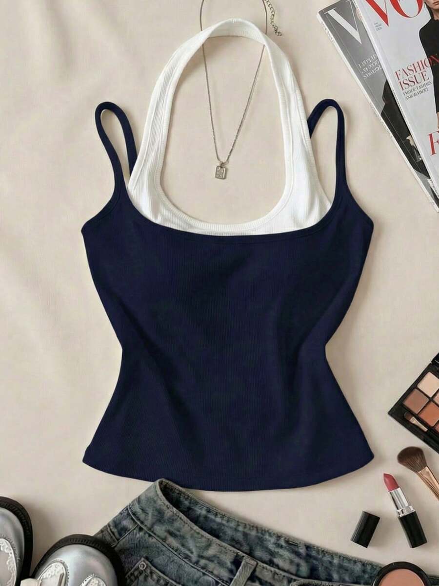 Tween Girls' Summer Casual 2 In 1 Halter Neck Camisole - Blue and White - View 1