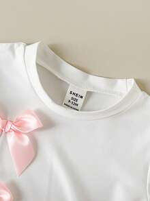 SHEIN Playful Pals 2025年夏季新款女婴休闲时尚上衣，蝴蝶结拼接设计，搭配黑色喇叭裤，修身显瘦，增高效果 - 白色 - 查看 7