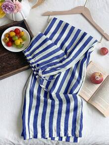 SHEIN EZwear Pantalones de talla grande con cordón en la cintura, a rayas azules y blancas - Azul y blanco - Ver 4