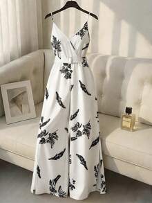 GlowEve Mono de pierna ancha con estampado tropical de plantas elegante y casual para mujer - Blanco y Negro - Ver 1