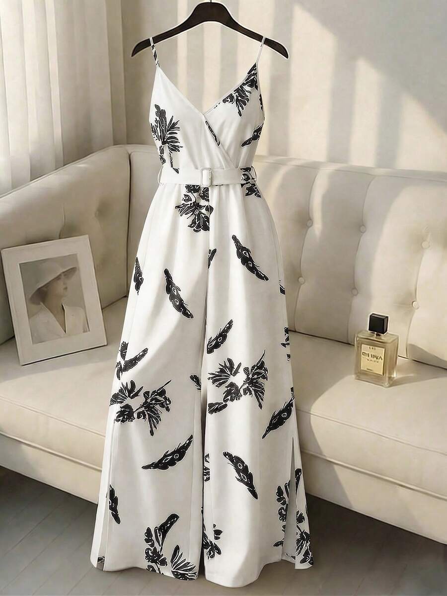 GlowEve Mono de pierna ancha con estampado tropical de plantas elegante y casual para mujer - Blanco y Negro - Ver 1