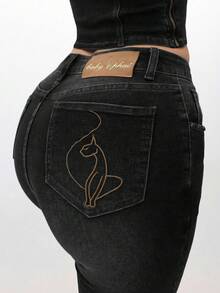 BABYPHAT Quần jean Capri denim co giãn có gấu quần xắn gấu dành cho nữ, quần lửng cạp vừa, mặc thường ngày mùa hè - màu đen - Xem 5