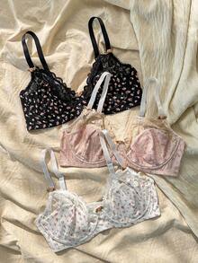 Plus 3pcs Ditsy Floral Print Contrast Lace Underwire Bra, Lingerie, Kawaii, Lift - Multicolor - View 1