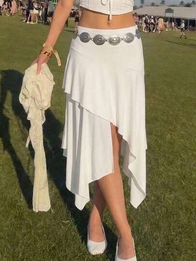 SHEIN MOD Women's Solid Color Asymmetrical Hem Casual Versatile Mini Skirt, Summer, Festival Outfits For Women, Women's Elegant White Asymmetrical Hem Skirt Ruffle Layered High Waist Flowy Midi Skirt, Asymmetrical Skirt,  ,Summer Outfits, Elegant, Tea Party Skirt, Carnival Costume, Boho Outfits, Beach Outfits, Going Out, Beach Outfit, Y2k, Western Style, Music Festival Outfits, Ruffle Skirt, Romantic,  Evening Outfit For Women