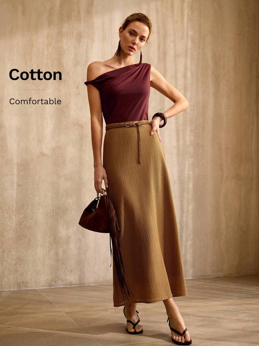 MOTF PREMIUM FASHIONABLE MINIMALIST COTTON ASYMMETRICAL SHOULDER SLEEVELESS T-SHIRT, SPRING/SUMMER - Burgundy - View 1