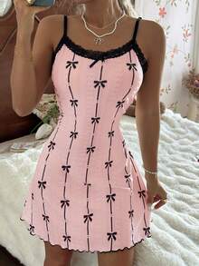 CottageSlumber Black Bow Tie Print Contrast Lace Trim Jacquard Camisole Nightgown - Pink - View 5