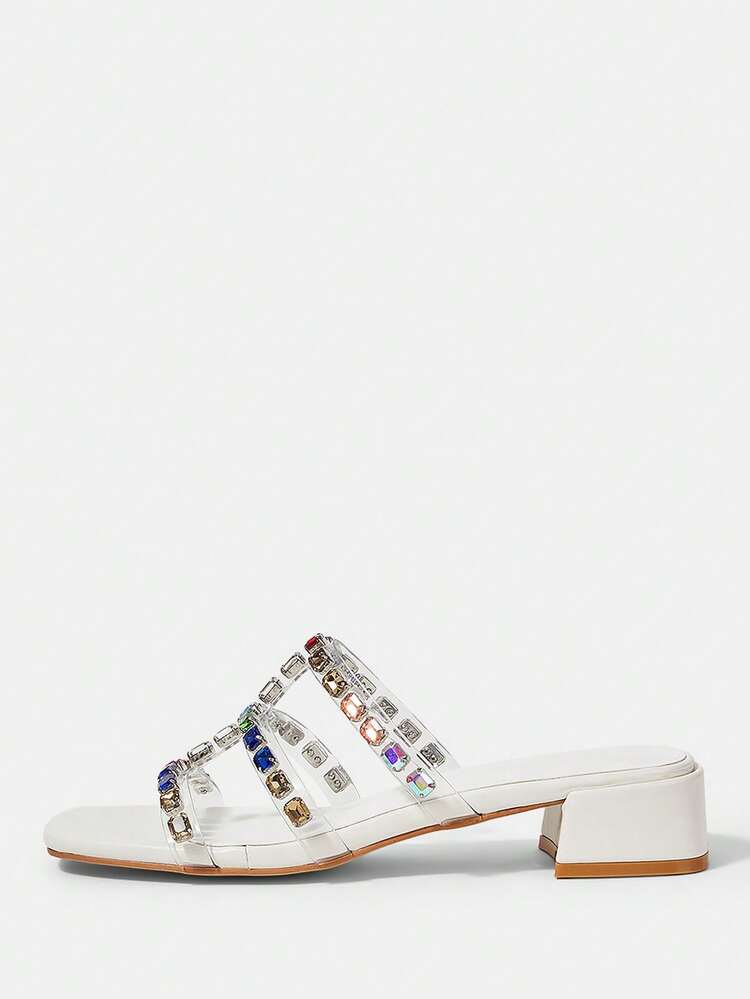 CUCCOO HITCHD Women Shoes Summer New Colored Rhinestone Decorative Transparent Film With Open-Toed Square Toe Medium Thick Heel Half Slippers, Fashionable And Elegant, Slip-On Is Not Tired, Versatile Fairy Style, Sexy Temperament, Advanced Sense Of Fashionable Slippers Summer Shoes