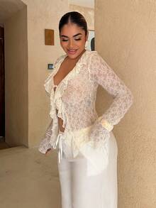 Maria Perezxox 波西米亚风休闲纯色蕾丝针织荷叶边长袖女式衬衫 - 杏色 - 查看 3