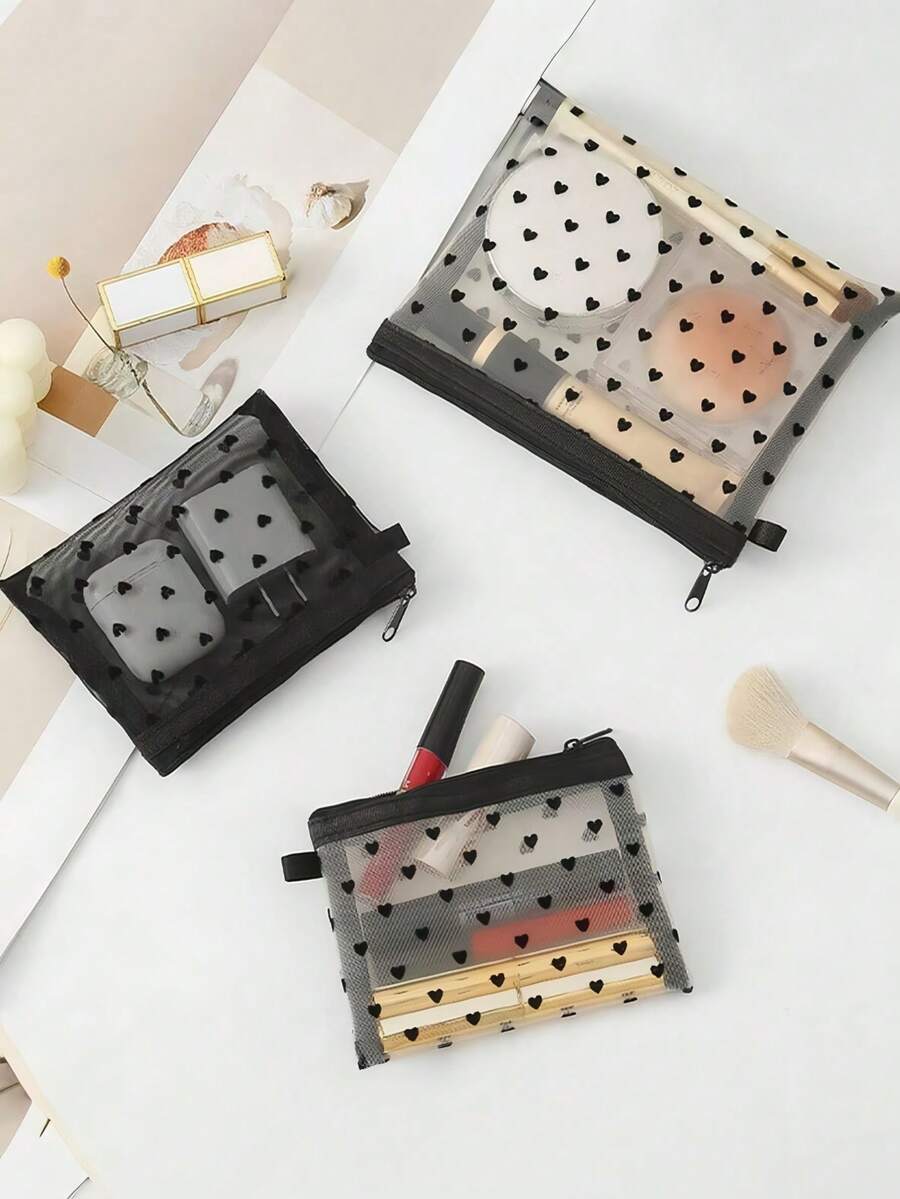 Multifunctional Mini Heart Mesh Design Cosmetic Pouch, Portable Nylon Clear Makeup Bag, Minimalist Zipper Travel Accessory Organizer, Versatile Inner Bag For Coins Jewelry Small Items, Gift For New Semester Spring Summer Vacation Commemorative Days, 2026 New Arrival - Multicolor - View 1
