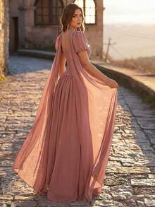 Aureia 大码优雅浪漫甜心领泡泡袖刺绣水钻装饰A字连衣裙，适合婚礼、派对、正式场合、宴会等。 - 藕粉色 - 查看 4