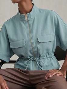 Aveloria Modichic Fashionable Short Utility Shirt With Symmetrical Chest Pockets, Cinched Waist Design, Overall Neat And Practical - Blue - View 3