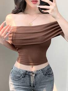 DAZY Brown Fitted Cropped Off Shoulder Top, Fashionable For Music Festivals, Summer & Spring Top - Brown - View 8
