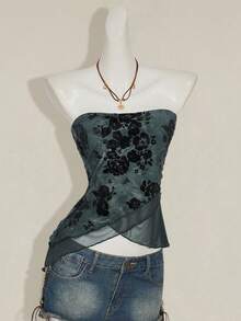 SHEIN ICON Áo ống phối lưới hoa văn, vạt bất đối xứng. - Xám - Xem 8