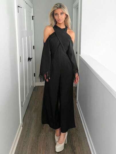 Sydney Algeri 2025秋冬新款优雅通勤纯色修身亮红色交叉领口流苏长袖女式连体裤，适合派对、日常出行、乡村音乐会、万圣节、圣诞节、夜间外出、婚礼宾客、生日礼服、女士早午餐装扮、日常出行 -A