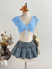 Elamini Women's Casual Versatile Vacation Style Knotted Hollow-Out Knit Top - Baby Blue - View 4