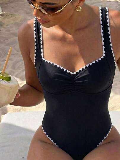 Bonvoyette Áo liền quần mùa hè dành cho nữ, màu trơn, chất liệu móc len, kiểu cổ yếm trước và lưng nhún, buộc dây, thoải mái, thích hợp cho kỳ nghỉ.