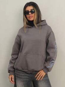 Rayane Ketlyn Áo nỉ dệt kim màu xám tro với thêu chữ, áo nỉ dài tay kiểu dáng thường ngày, áo nỉ in hình dành cho nữ, áo nỉ nữ phong cách Y2K, áo nỉ tùy chỉnh màu xám. - Màu xám đen - Xem 3