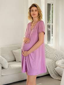 Moonlight&Mama Đầm bầu cổ chữ V tay ngắn cài một hàng khuy kiểu dáng thường ngày - Màu tím - Xem 5