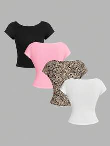SHEIN Essnce 4件組女款休閒極簡風黑、白、粉豹紋圓領露背鏤空短袖T恤，夏季甜美夜店風黑粉上衣 - 彩色 - 查看 2