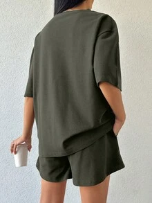 EURMUSE 100%Cotton Women Solid Color T-Shirt & Embroidery Detailed Shorts - Army Green - View 2