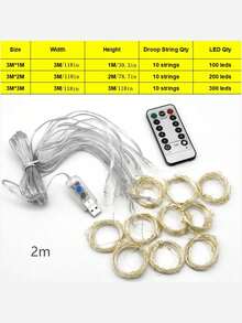 Đèn rèm LED, cấp nguồn bằng USB, đèn trang trí rèm có điều khiển từ xa với 8 chế độ, có các kích thước 3*3 mét / 3*2 mét / 3*1 mét, đèn dây trang trí, thích hợp cho đám cưới, tiệc tùng, nhà cửa, sân vườn, phòng ngủ, sử dụng trong nhà và ngoài trời, tường, cửa sổ, ánh sáng trắng ấm. Trang trí đám cưới, trang trí nhà cửa, trang trí sinh nhật, quà tặng, đồ dùng tiệc tùng, thích hợp sử dụng trong nhà, ngoài trời, sân vườn, ngày lễ, lễ hội. - USB hoặc kết nối DC khác - Xem 8