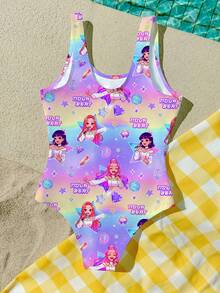 Bộ đồ bơi liền thân in hình hoạt hình tối giản, màu tím rực rỡ, dành cho bé gái tuổi teen, thích hợp cho mùa hè. - Nhiều màu - Xem 4