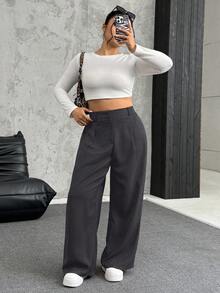 SHEIN EZwear Große Größen Lose Plissee Weite Bein Lässig Hose, Einfarbig Dunkelgrau, Herbst/Winter - Dunkelgrau - Übersicht 6