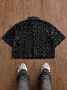 SWAVVY Men's Spring/Summer Mesh Embroidered Short Sleeve Shirt - Black - View 5