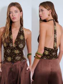 Nöista Printed Halter Top With Deep V Neckline And Fitted Silhouette. Boho-Inspired Design Perfect For Spring And Summer Outfits, Easter Looks, Beachwear, Vacation Styling, And Festival Outfits. - Brown - View 4