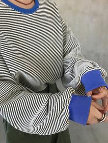 FRIFUL Áo thun nữ tay phồng dáng rộng, in họa tiết kẻ sọc, thích hợp mặc đi làm hàng ngày vào mùa xuân và mùa thu. - Màu xanh lam - Xem 4